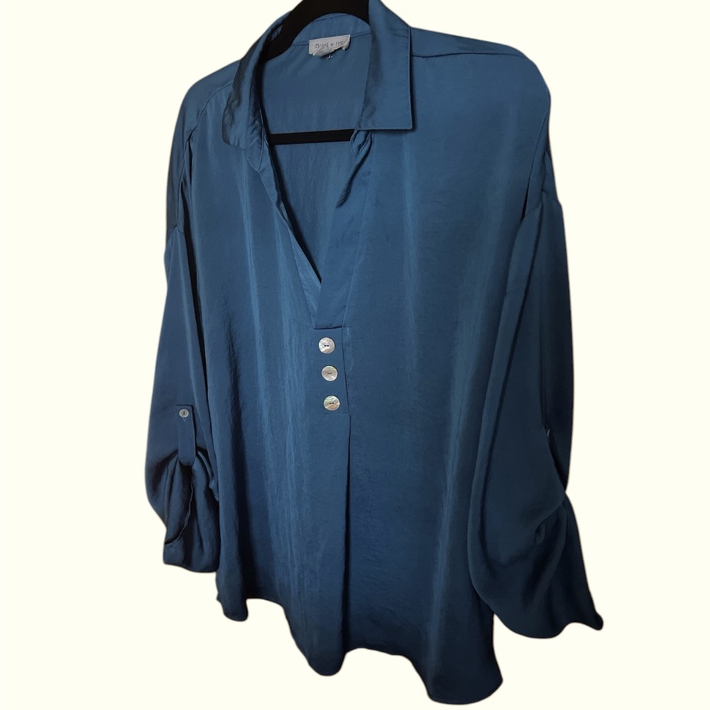 Floral & Ivy V neck Elegant Blue Women's Top Large